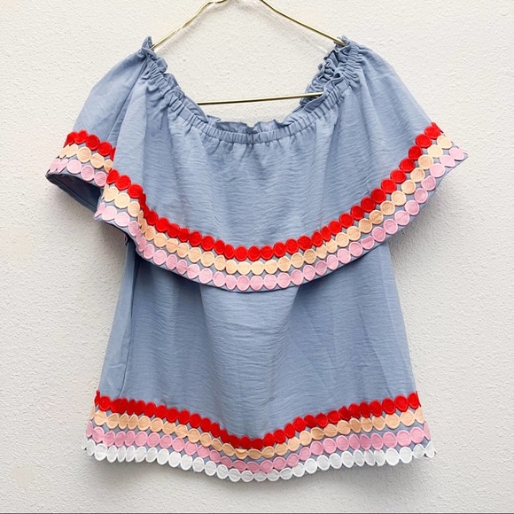 Entro Light Blue Polka Dot Trim Off Shoulder Tiered Blouse Top Size Small - Picture 6 of 9